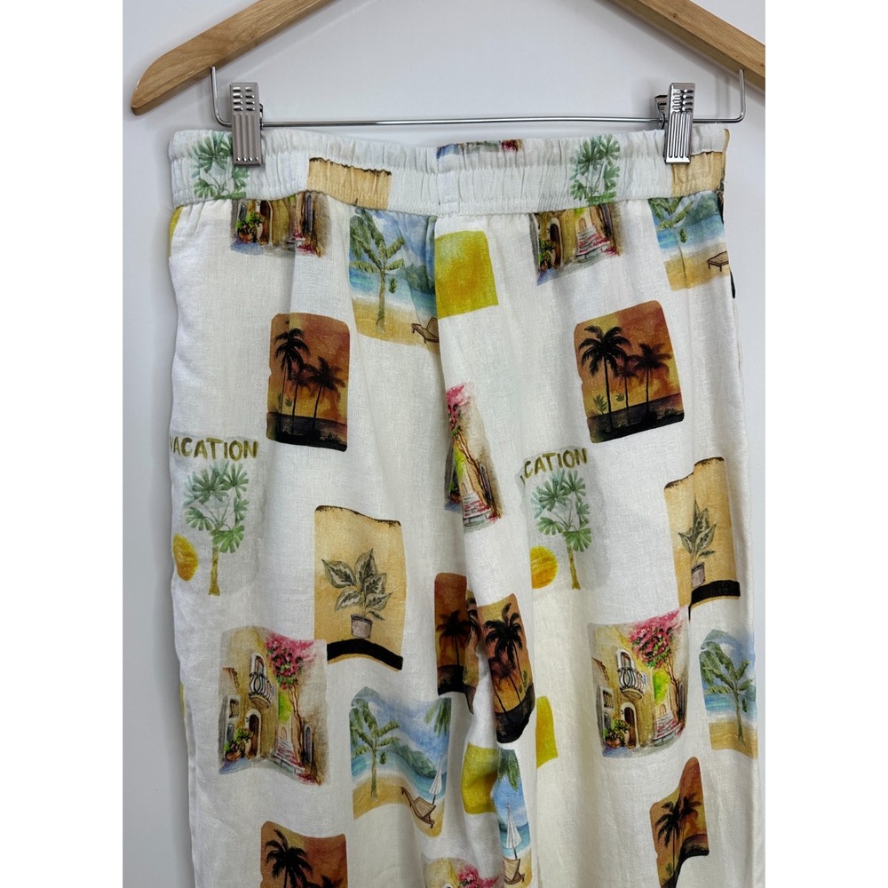 C&C California Small Linen Blend Vacation Print Wide Leg Pants Ivory Multi - Picture 10 of 13